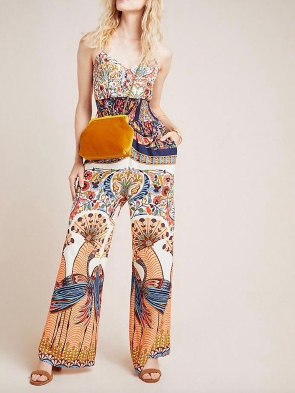 Farm Rio x Anthropologie Zadar Wide-Leg Jumpsuit Medium Boho Peacock Floral